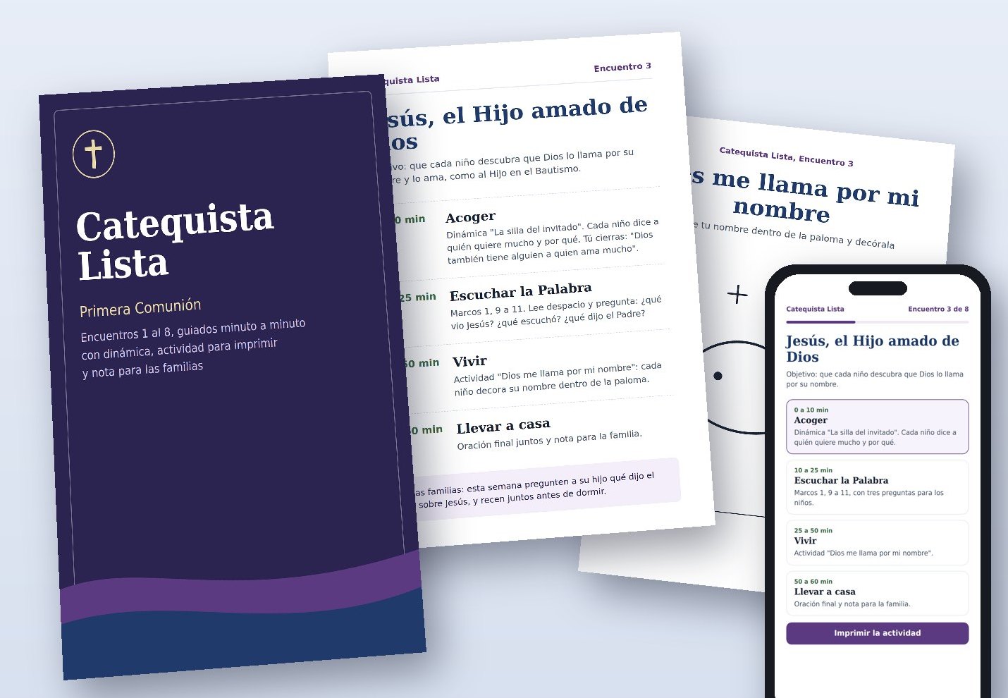 Catequista Lista: la guía impresa, la página de un encuentro, la actividad para imprimir y el encuentro abierto en el celular